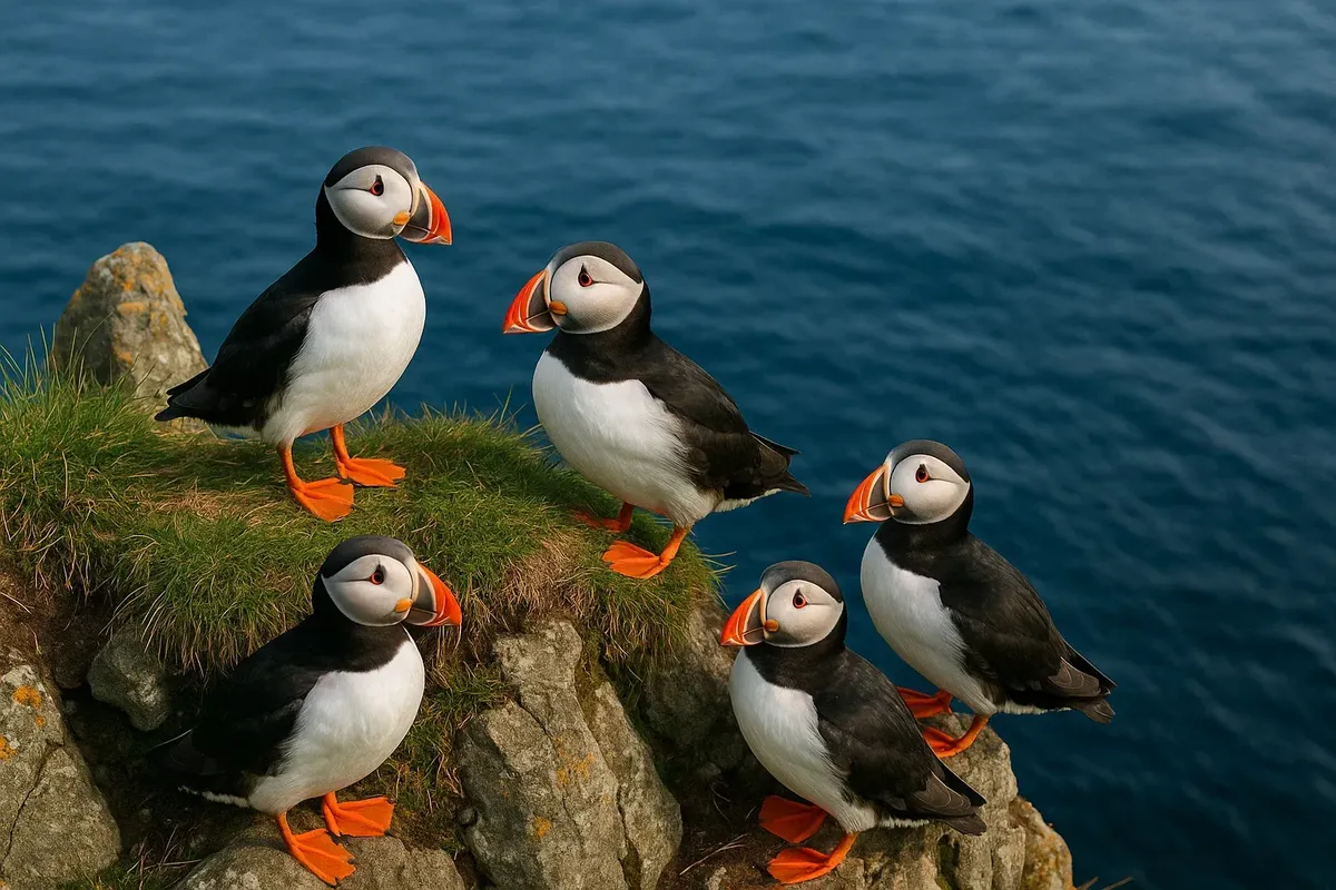 Group of puffins on cliff in Runde island, Norway, with sea in background