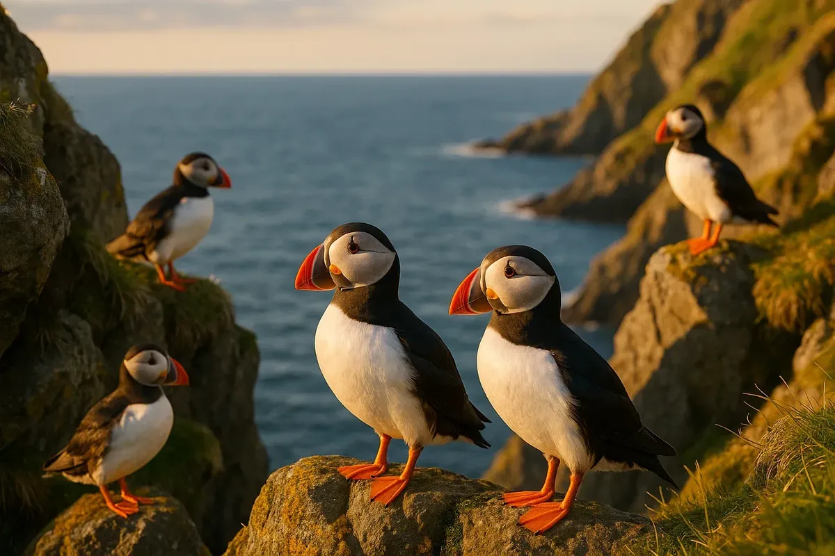 Colony of Atlantic puffins on steep cliffs of Runde Island during breeding season, Norway