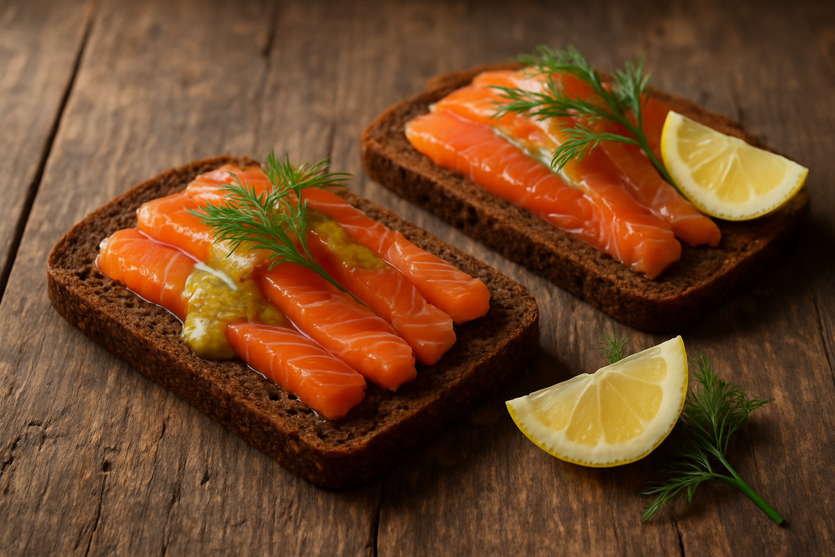 Hero platter of gravlaks canapés in a cozy Nordic setting.
