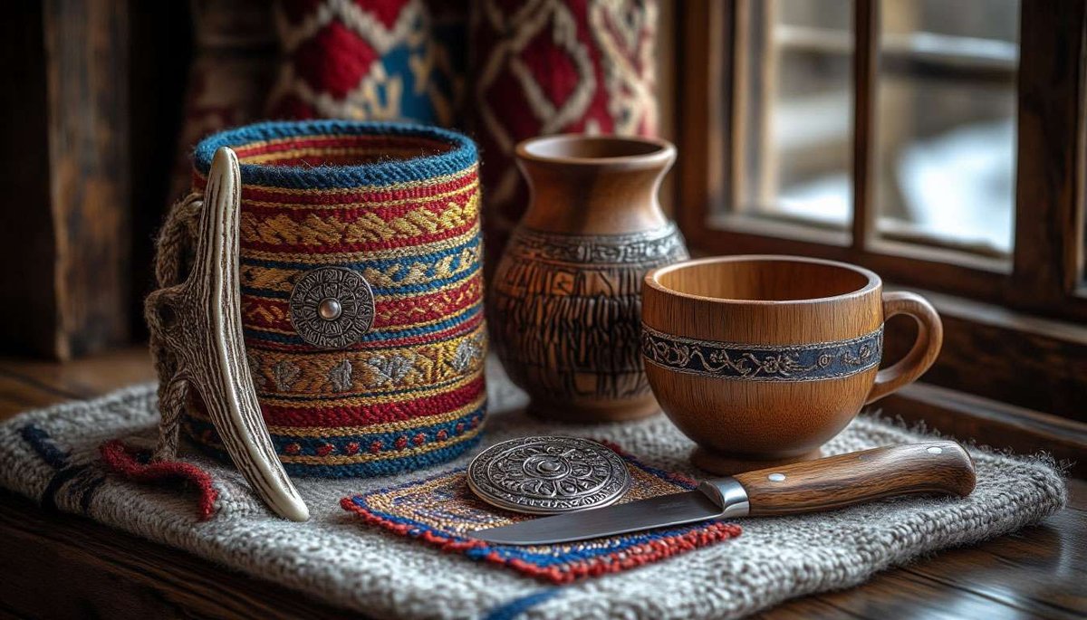 Close-up of Sámi duodji—woven bands, solje brooch, antler-handled knife and kuksa cup.