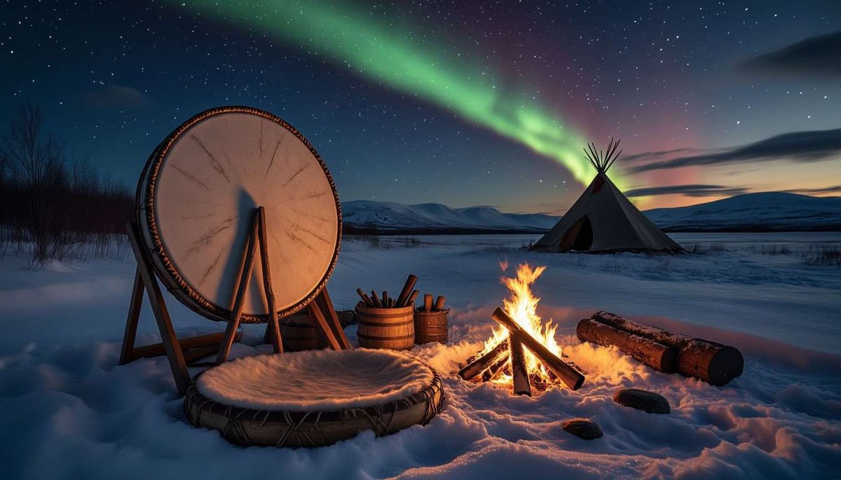 Sámi drum and lavvu under the northern lights