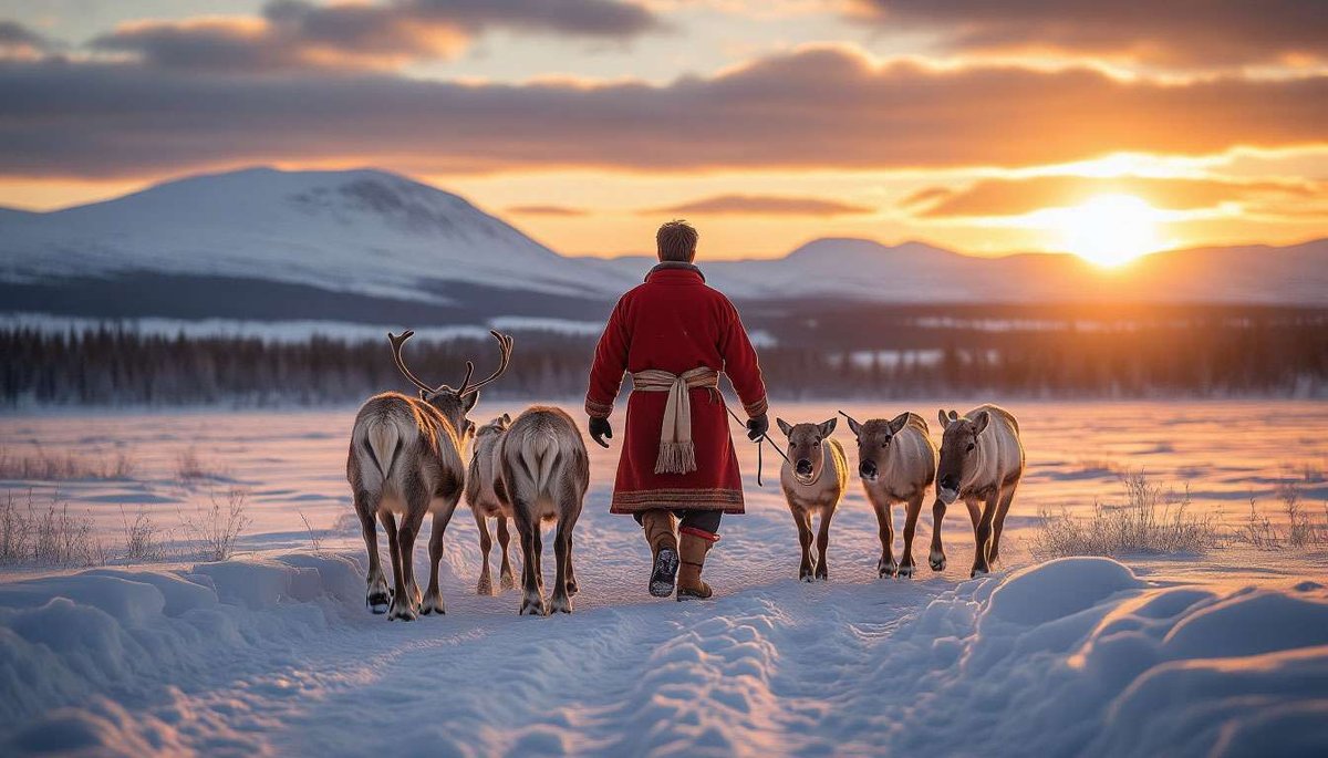 Sámi reindeer herder in gákti guiding the herd across Arctic tundra at golden hour.