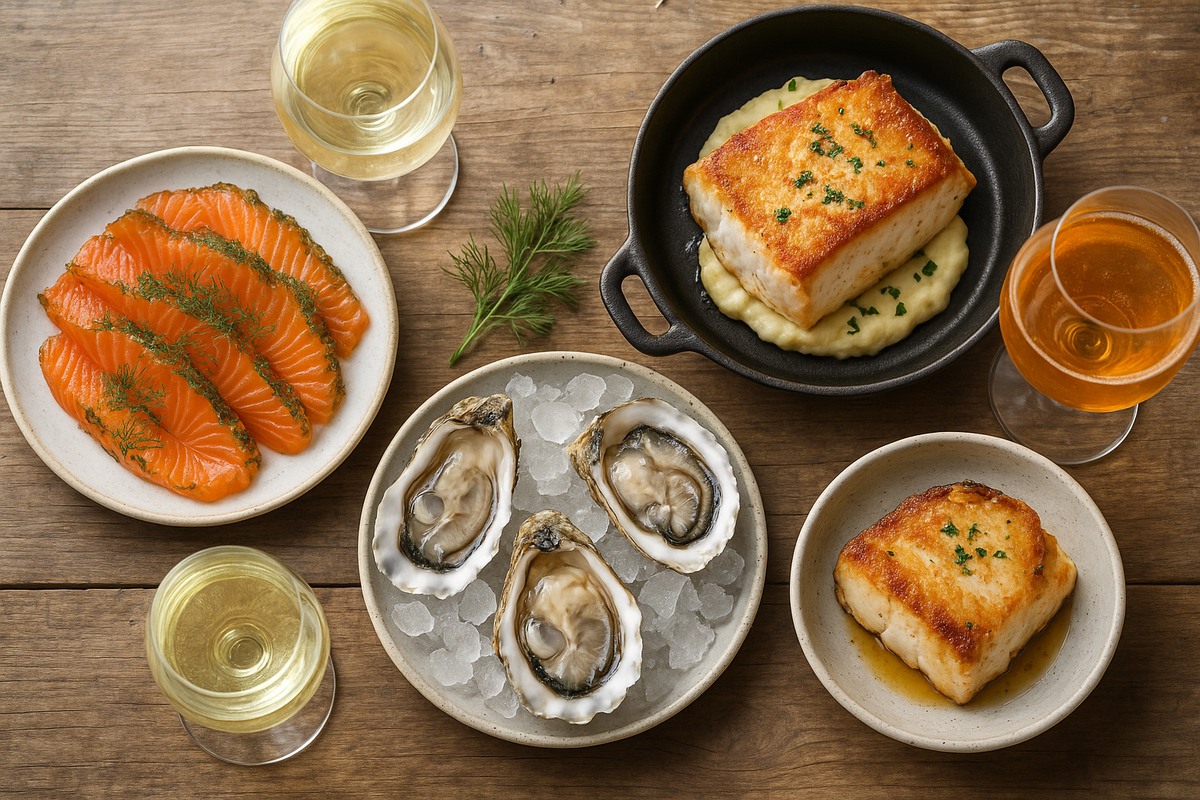 Nordic seafood pairings—gravlaks, cod and oysters with Sauvignon Blanc and dry cider.