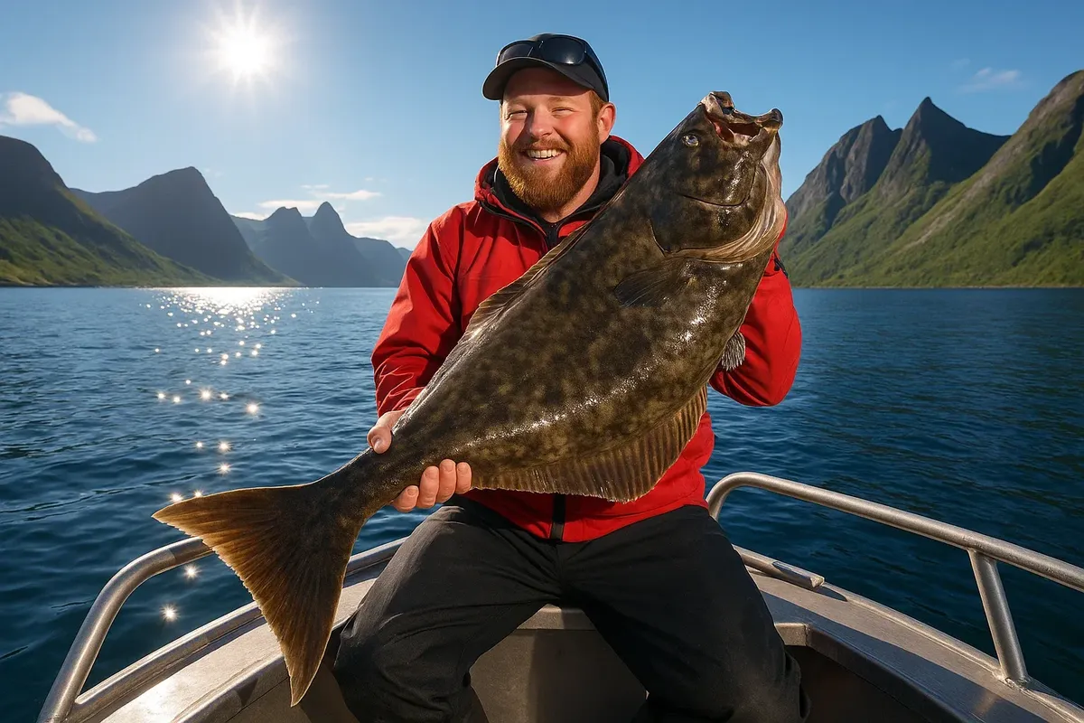 Angler holding huge halibut on boat in sunny Senja fjord