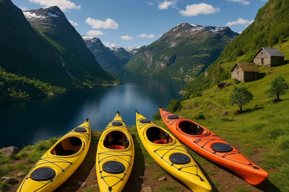 Scenic view of kayaks pulled up on shore near Skageflå mountain farm with fjord panorama in the background