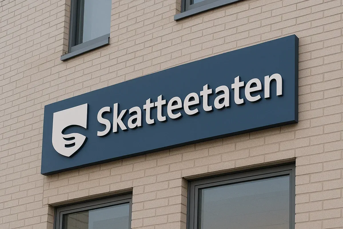 The Skatteetaten sign on the exterior of a government tax office building in Norway.