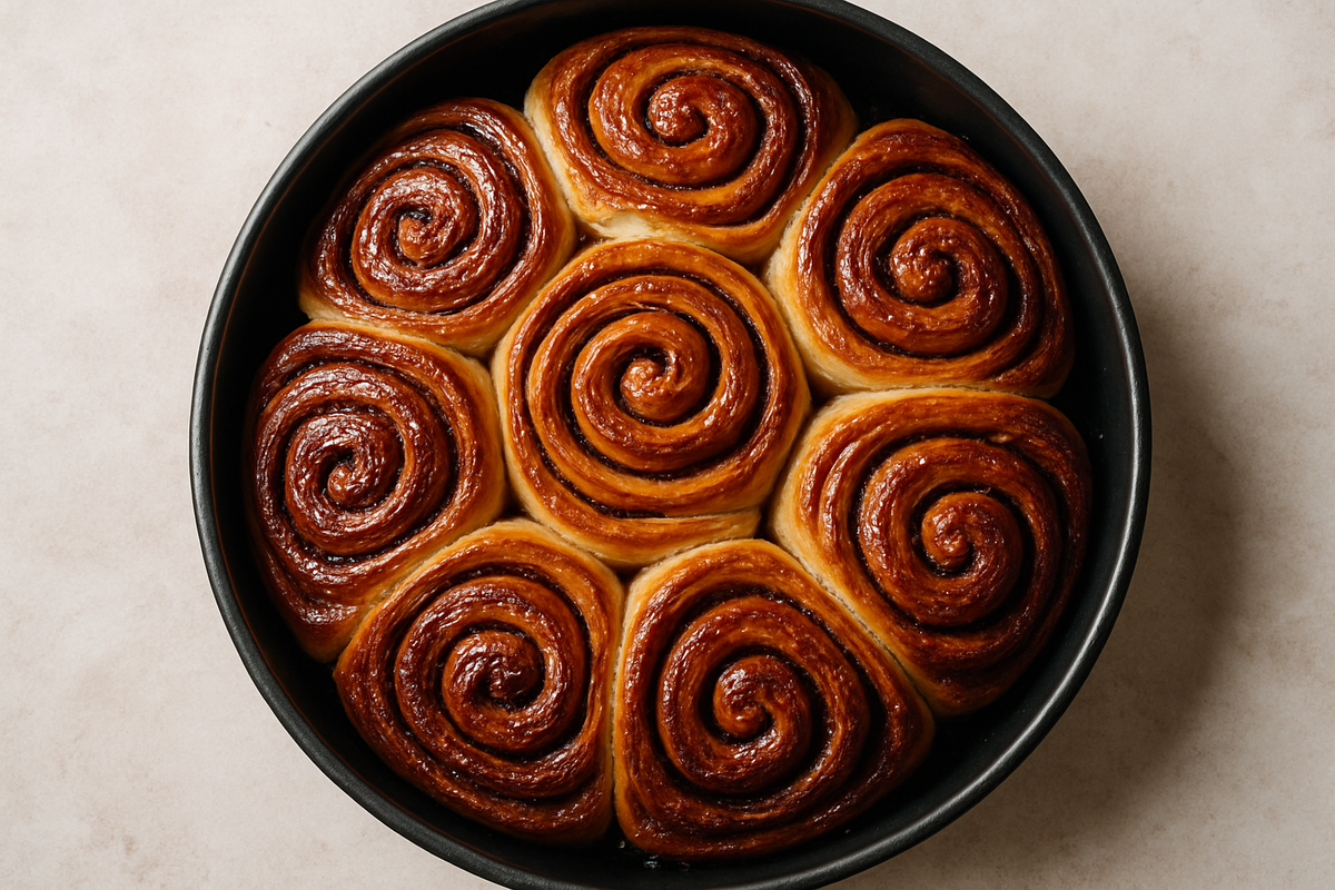 Overhead view of just-baked pull-apart skillingsboller in a round pan—shiny, caramelized edges that illustrate the recipe result.