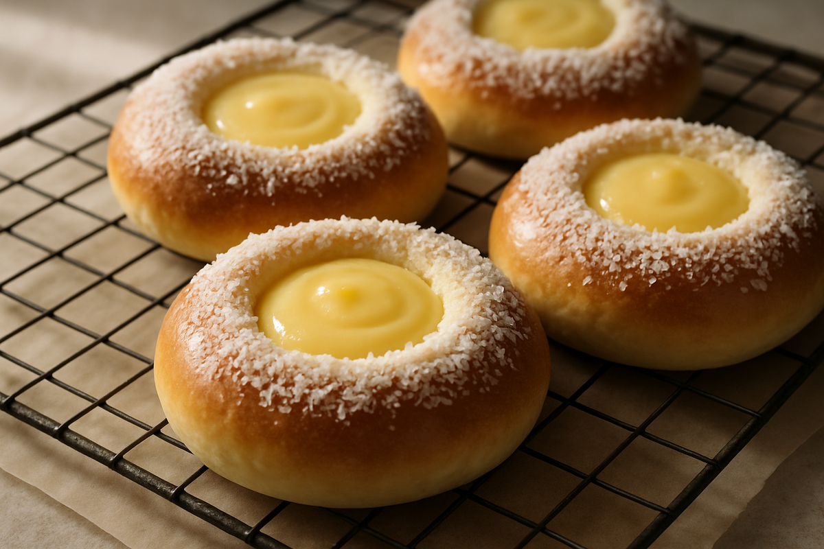 Close-up of freshly baked Skolebrød with creamy centers and coconut edges.