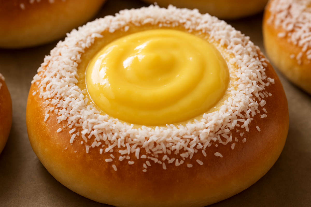 Close-up of glossy skolebrød: silky vanilla custard and a coconut rim, the beloved Norwegian “school bread” perfect for a matpakke.