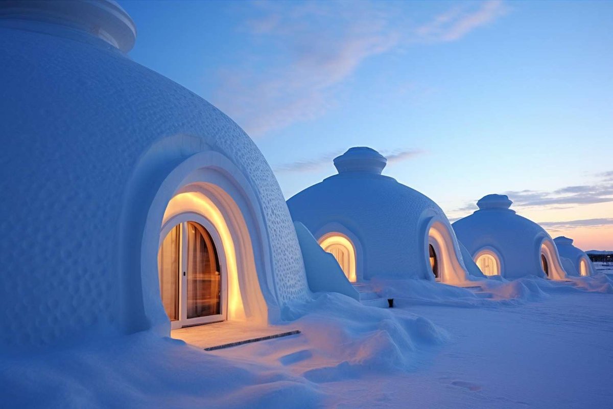 Modern snow domes in Norway glow warmly at dusk, offering a unique winter stay experience.