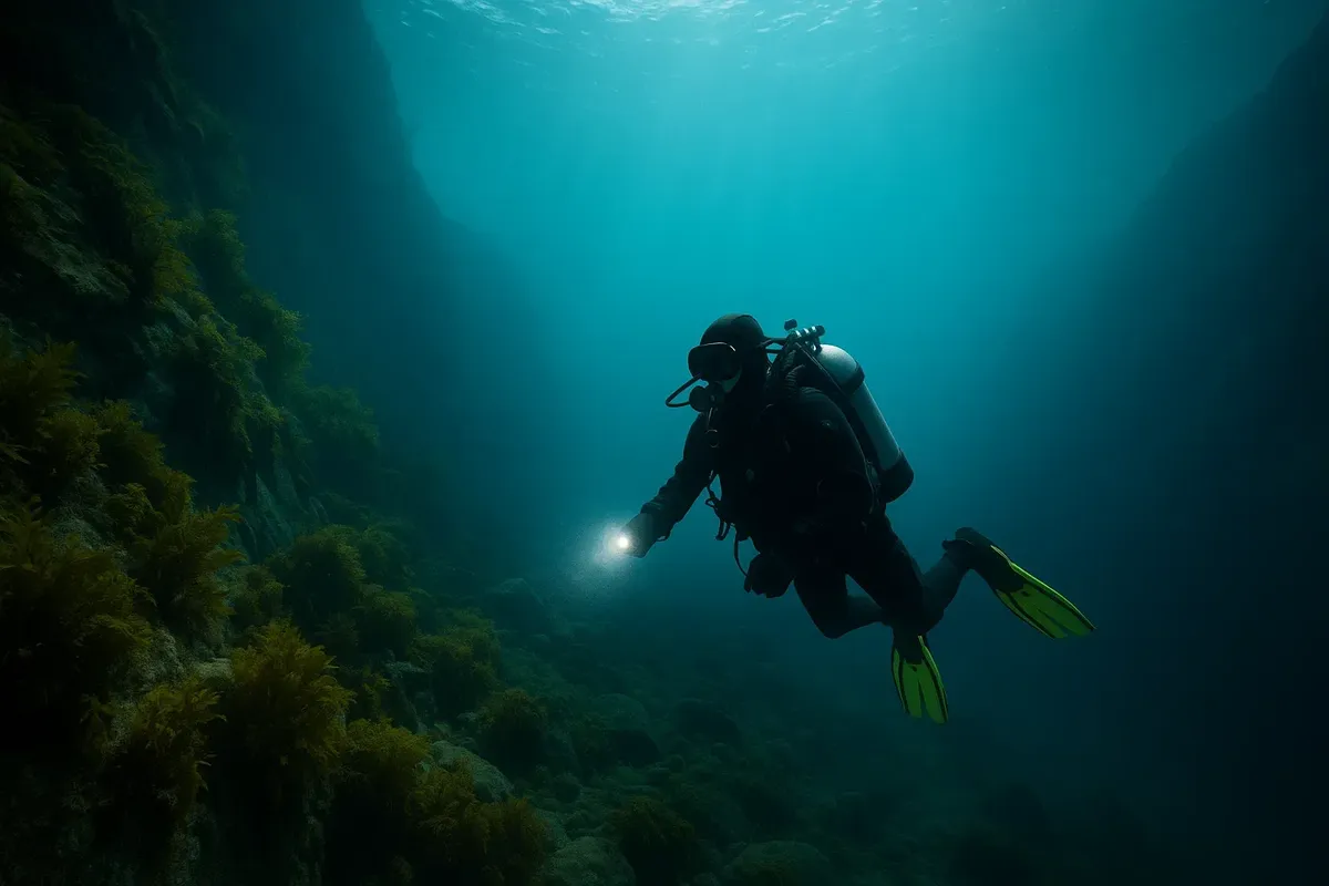 A scuba diver swimming through the deep blue waters of Sognefjord, with light filtering through and rocky seabed visible.
