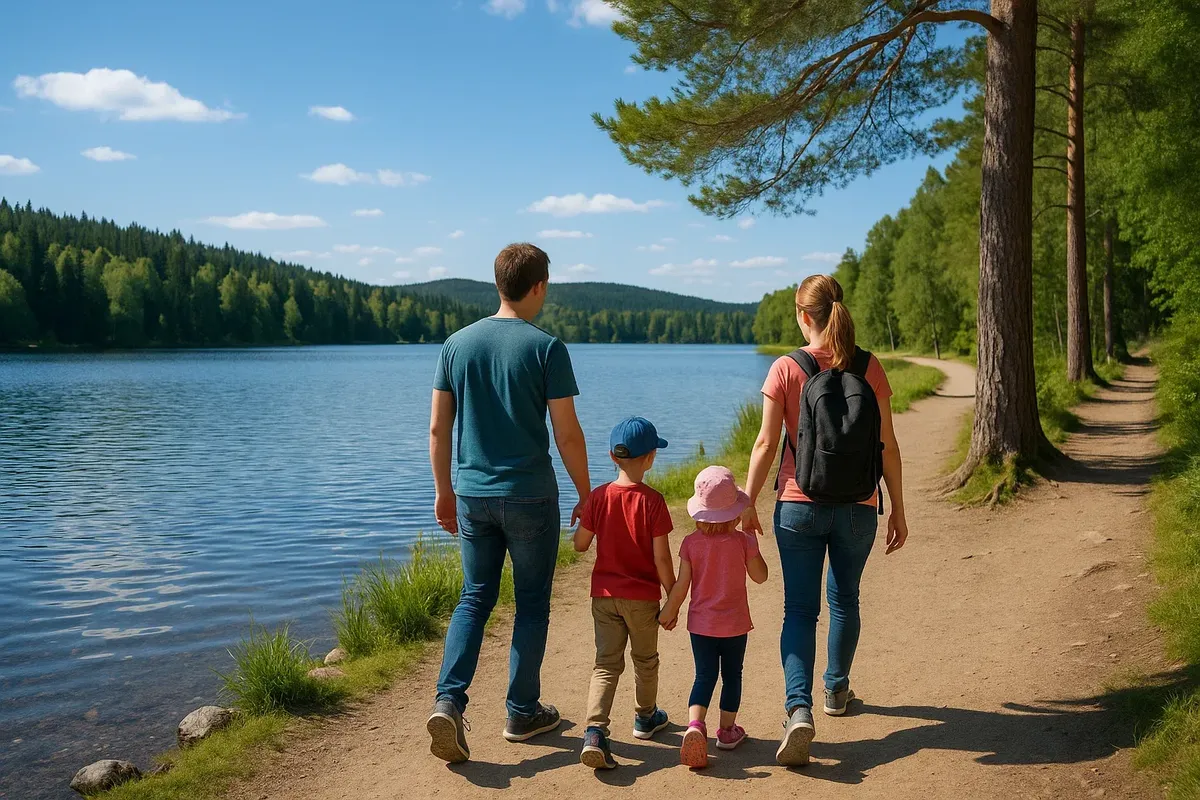 Parents and kids walking along Sognsvann lake trail in Oslo on a sunny day
