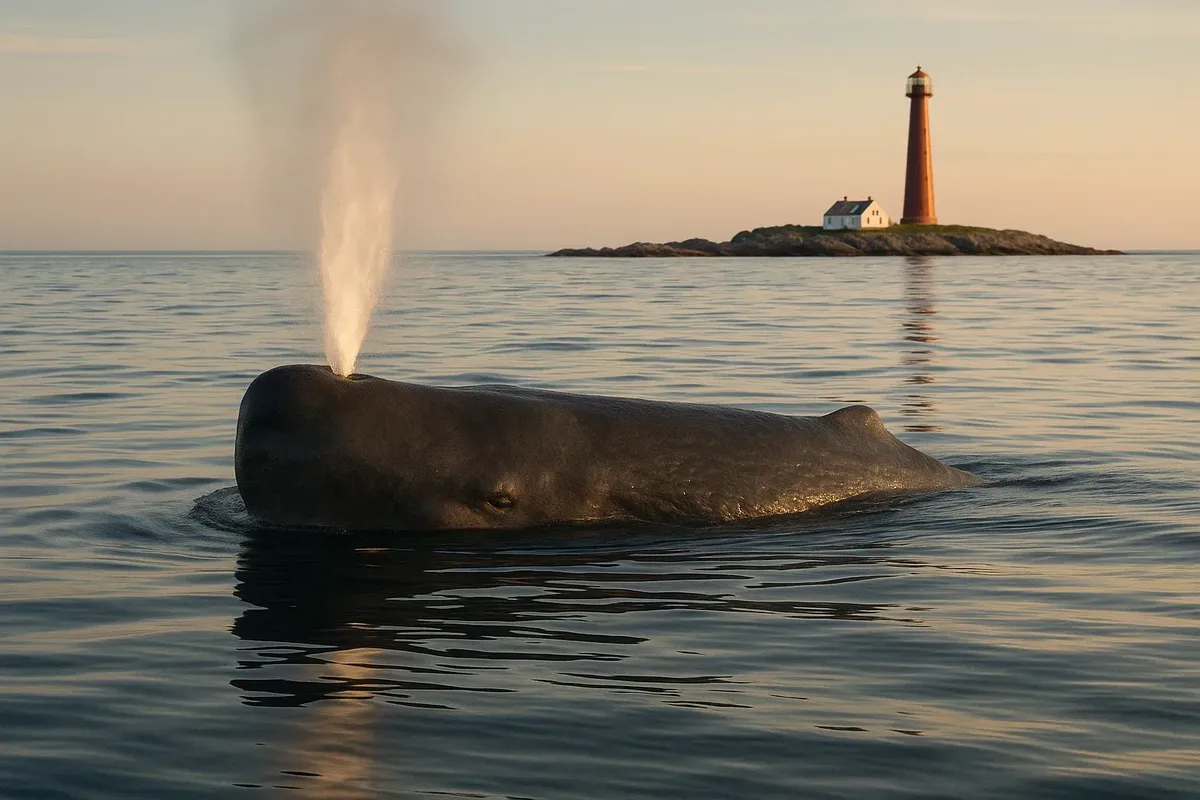 Large sperm whale breaking the surface in calm summer waters near Andenes, Vesterålen, Norway, with lighthouse visible