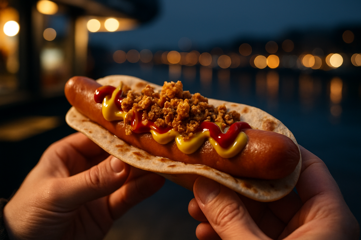 Street-food pølse in lompe with classic sauces, shot at a Norwegian kiosk.