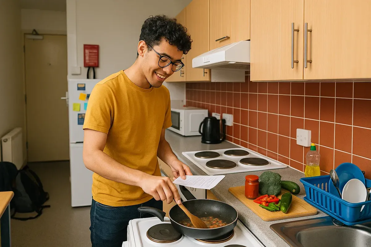 A student preparing food in a shared kitchen inside Norwegian student housing.