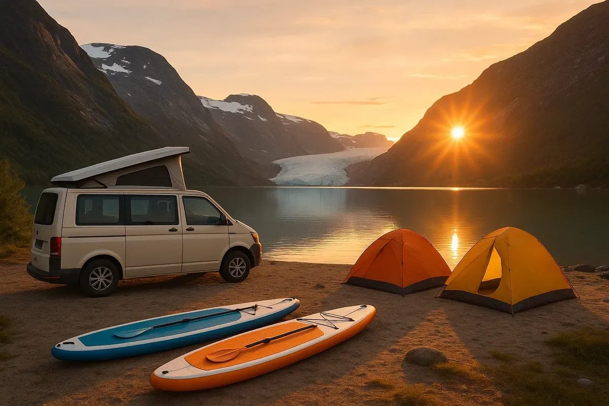 Scenic campsite near a glacier lake in Norway with SUP boards ready for an early morning paddle