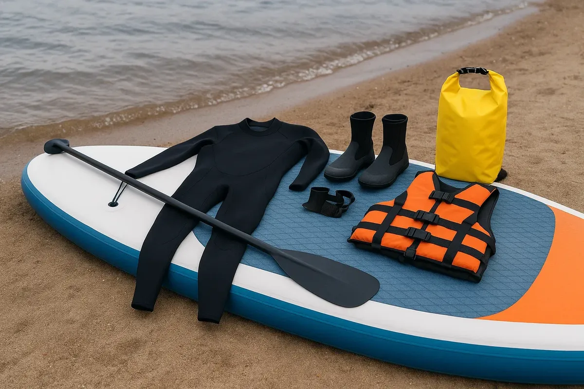 Complete SUP kit prepared for glacier lake adventure, showing all essential safety and cold-water gear