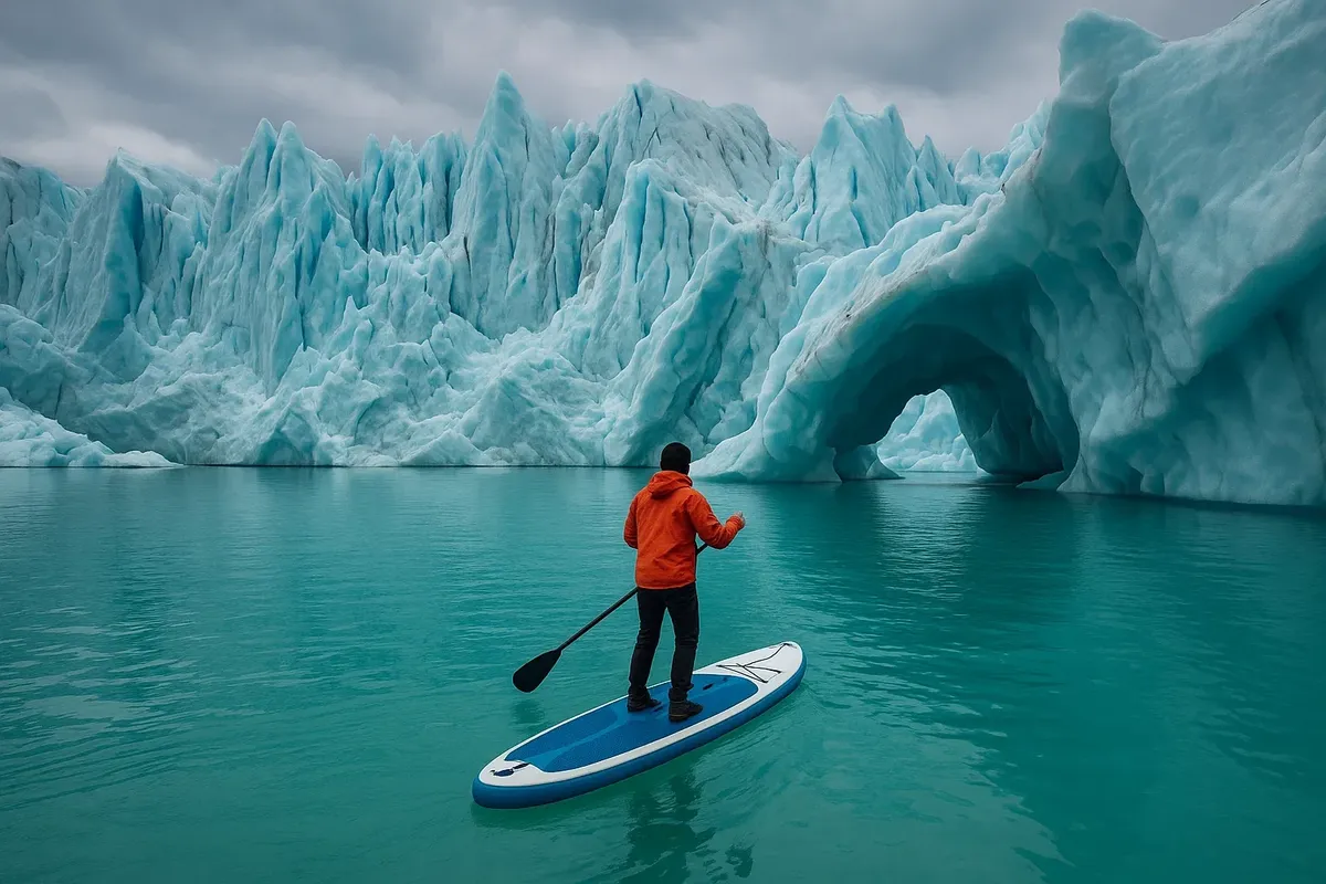 A paddler in a wetsuit on a SUP board gliding over clear turquoise water near a glacier in Norway