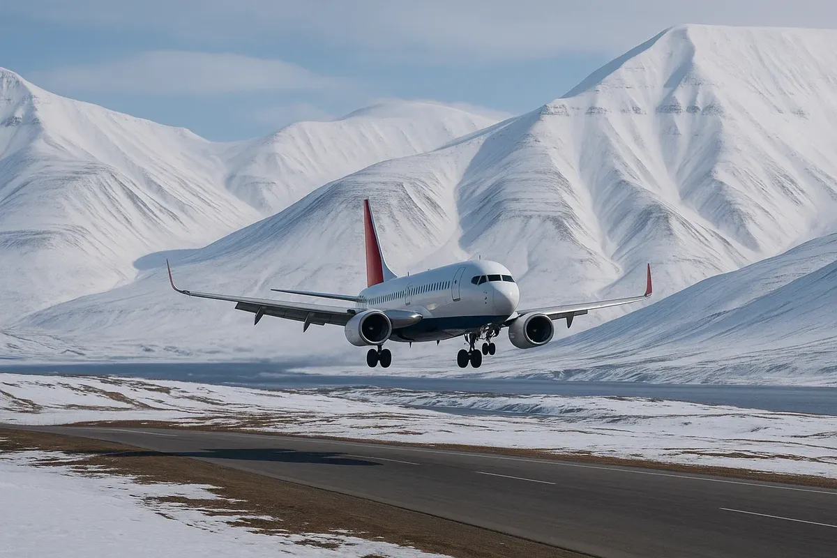 A Norwegian passenger plane landing at Longyearbyen Airport with snow-covered mountains behind.