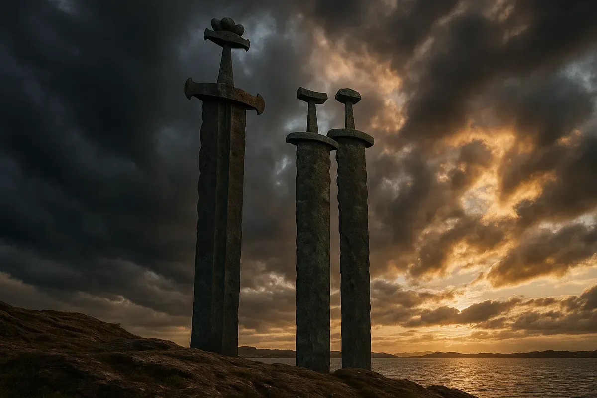 The Sverd i fjell monument in Stavanger, depicting three bronze swords symbolizing unity and peace, set against the scenic fjord.