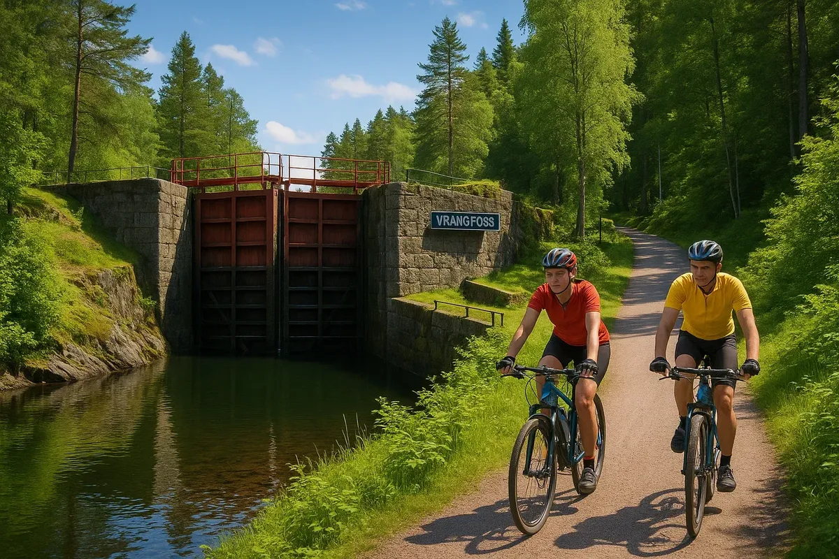 Cyclists passing Vrangfoss locks on Telemark Canal surrounded by lush greenery