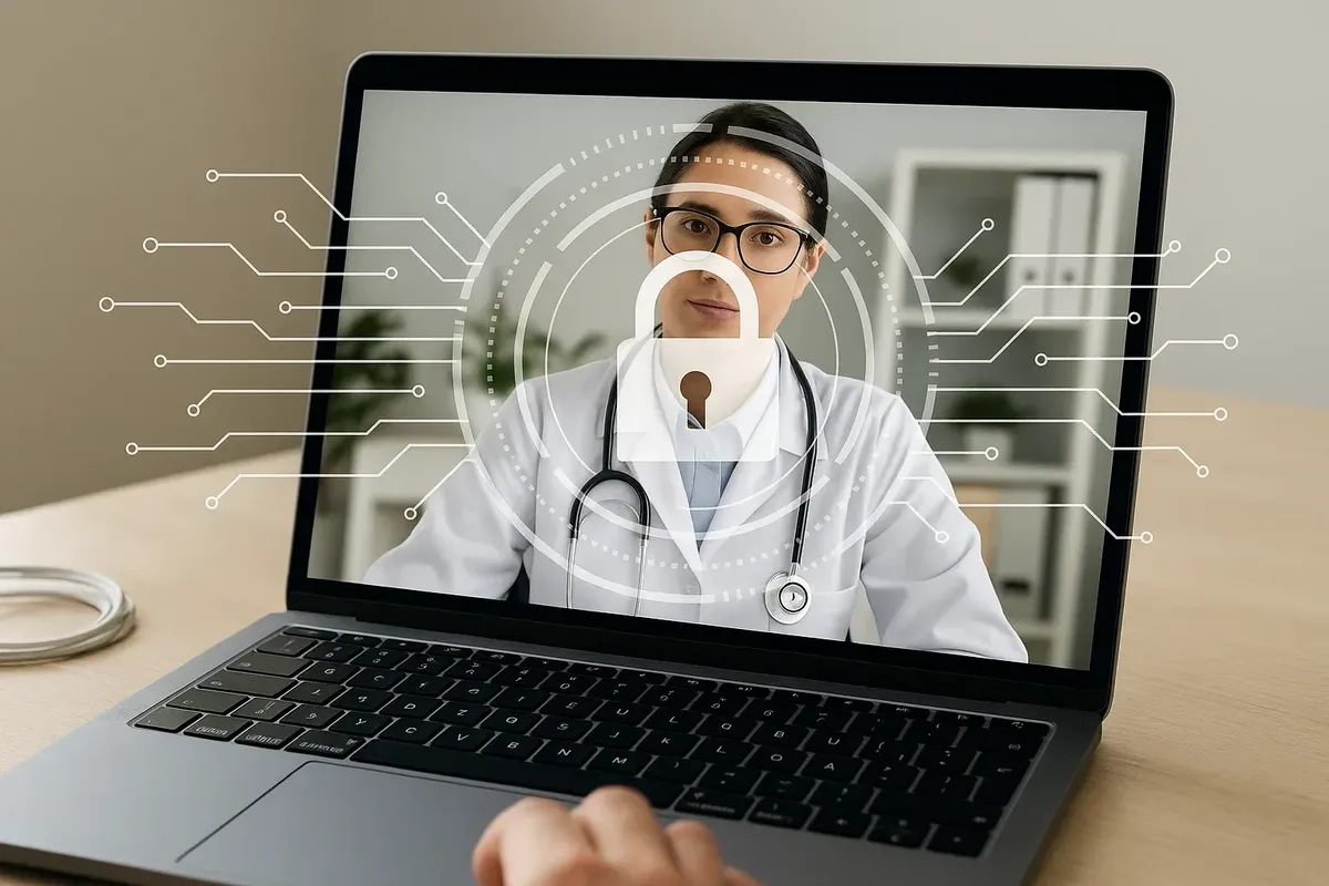 Telemedicine session displayed on laptop with a doctor on screen, overlaid with a padlock symbol to represent cybersecurity and data protection.