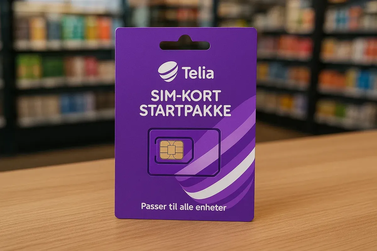 A Norwegian Telia SIM card starter pack for tourists displayed on a shop counter.