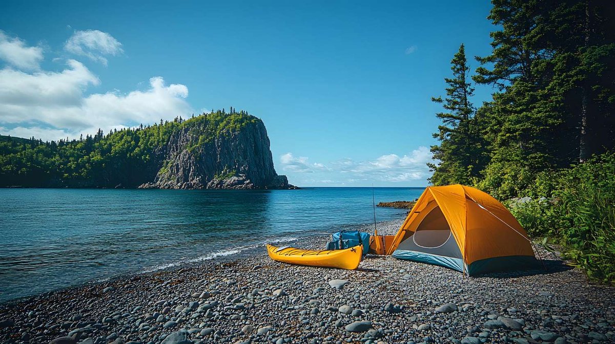 A tent and kayak are set up on a pebbled beach near a forest and rocky cliffs.