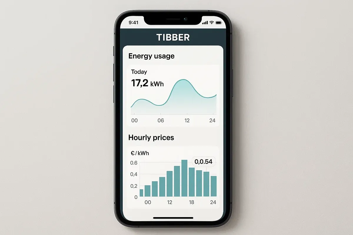 A smartphone displaying the Tibber app with real-time energy usage and hourly spot prices in Norway.