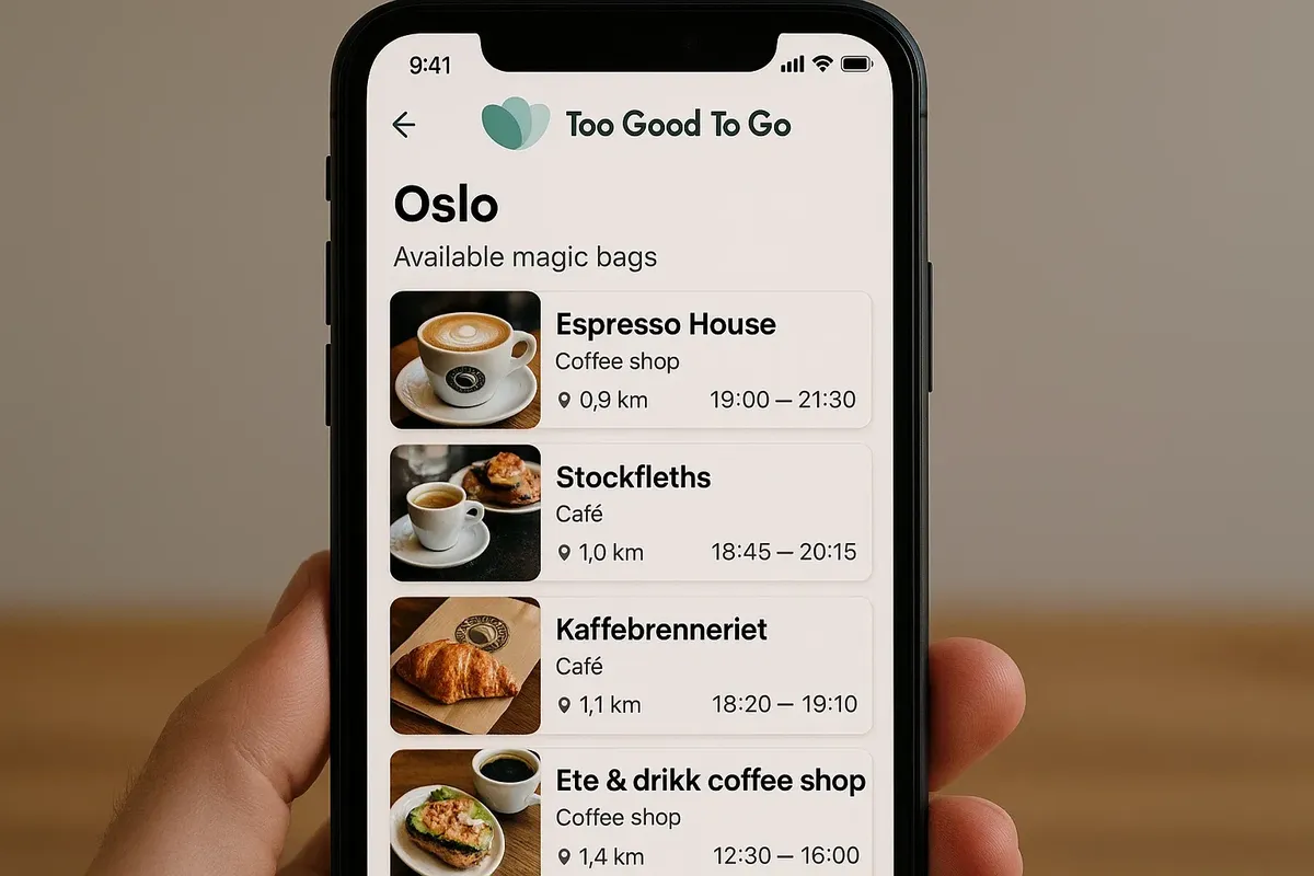 A smartphone screen showing the Too Good To Go app listing magic bags from cafés and bakeries in Oslo.