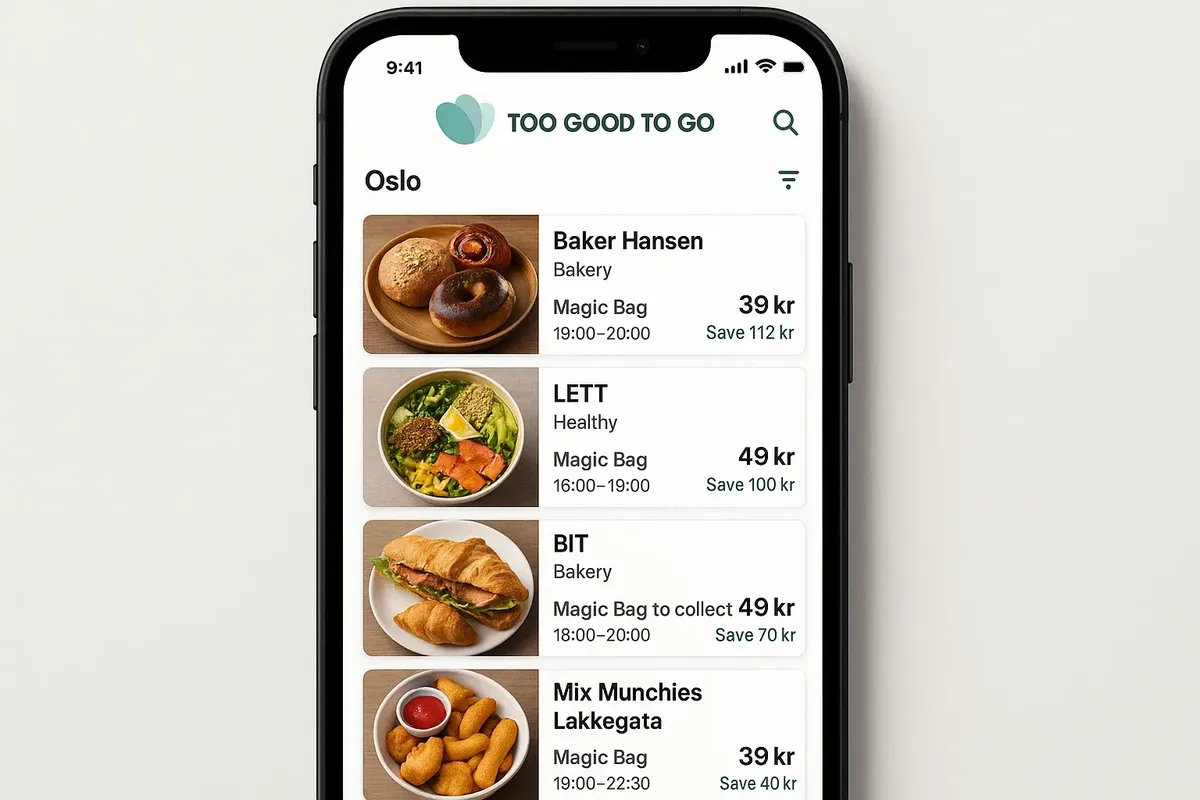 A smartphone displaying the Too Good To Go app, showing a list of Oslo cafés offering magic bags.