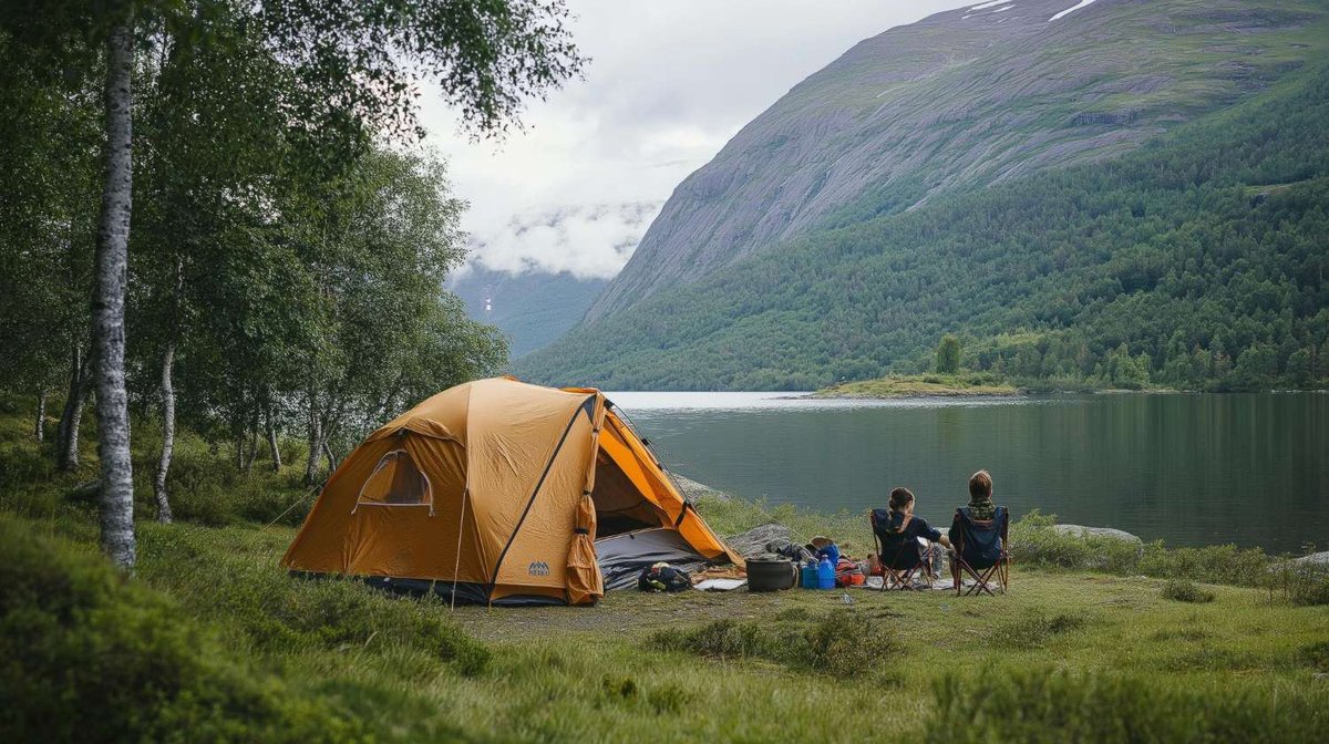 A tent is set up by a lake in the Norwegian mountains, with two tourists relaxing nearby.