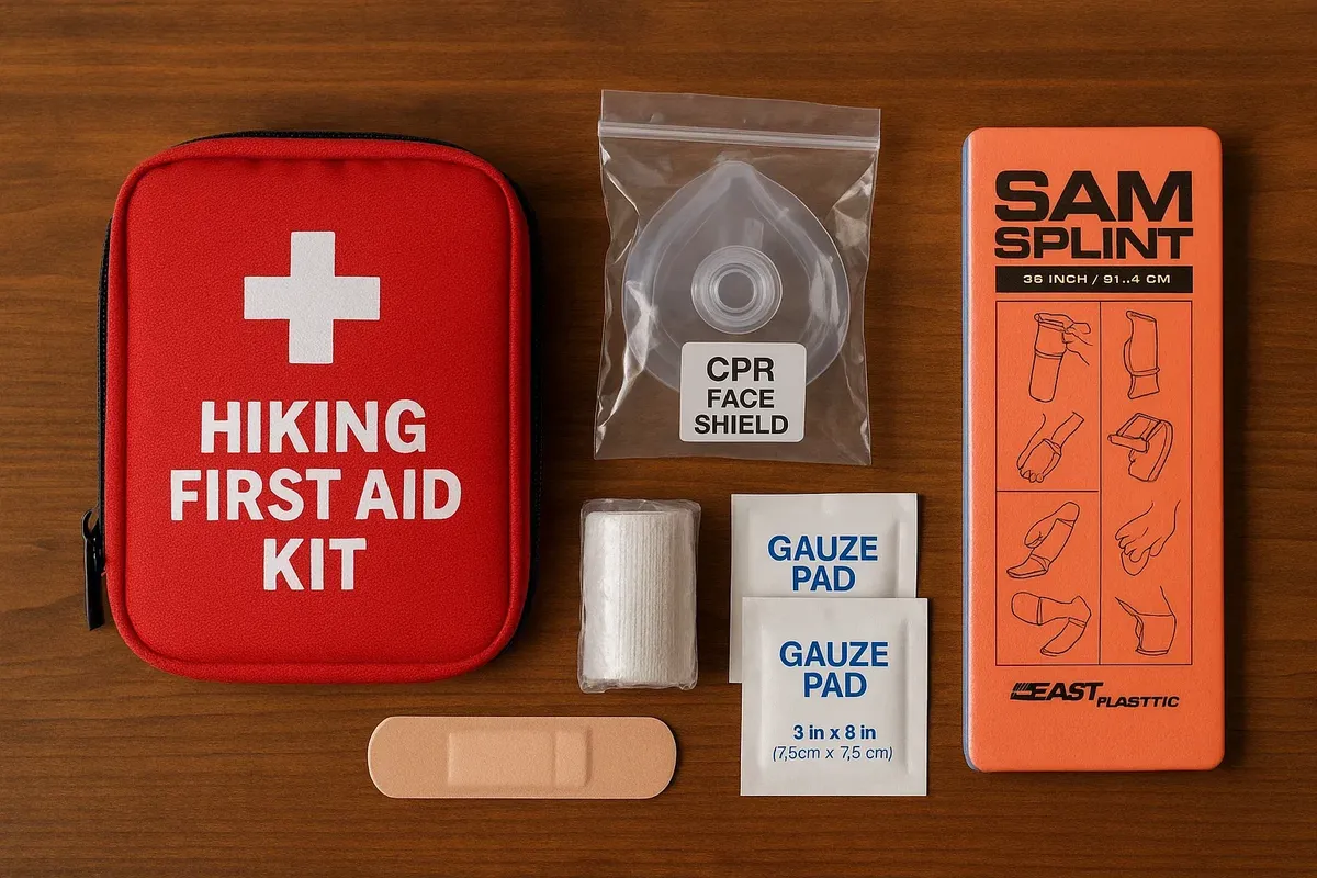 Essential first aid kit for Norwegian hiking trails, showing lightweight medical supplies for emergencies