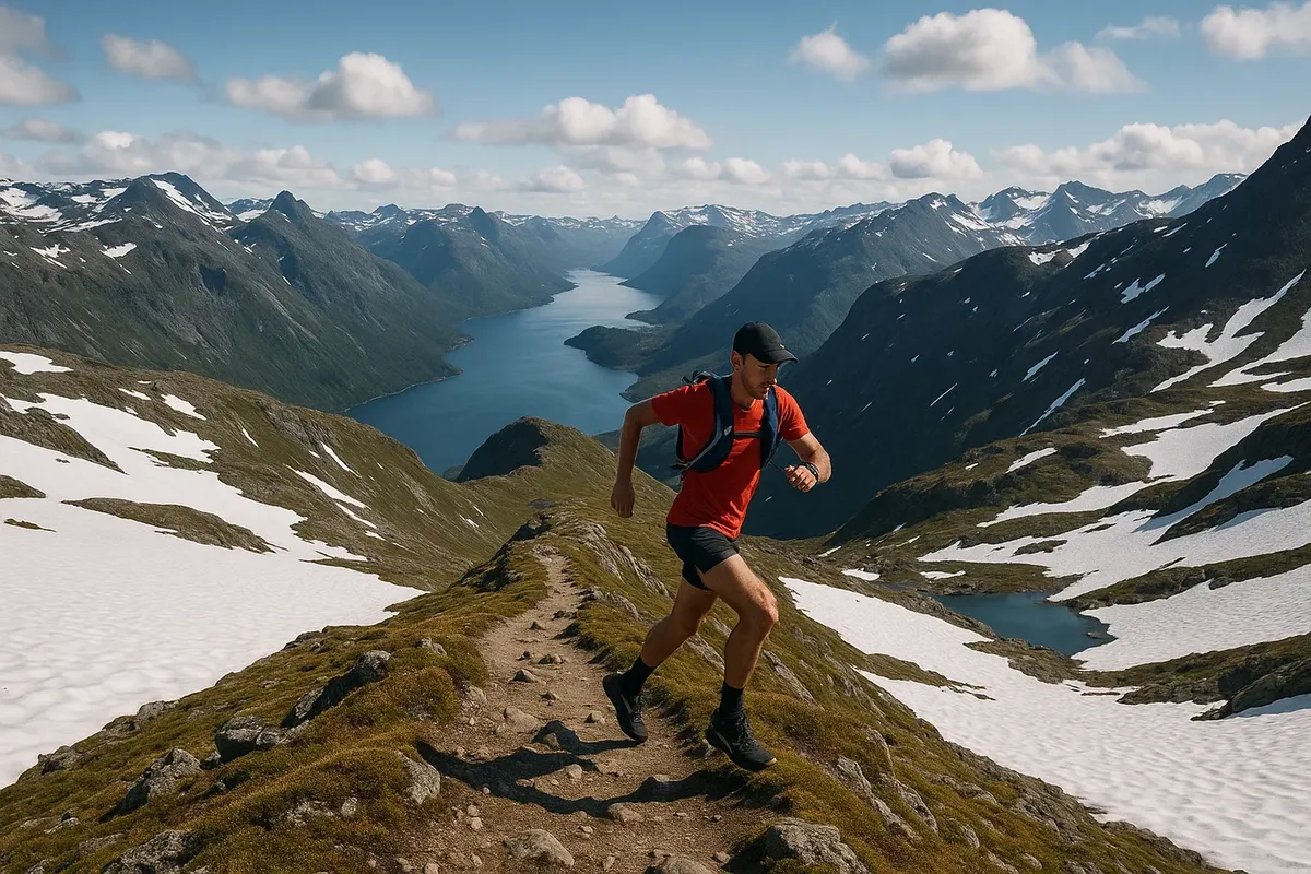 Scenic view of a trail runner in bright gear running along Besseggen ridge with mountains and lake below