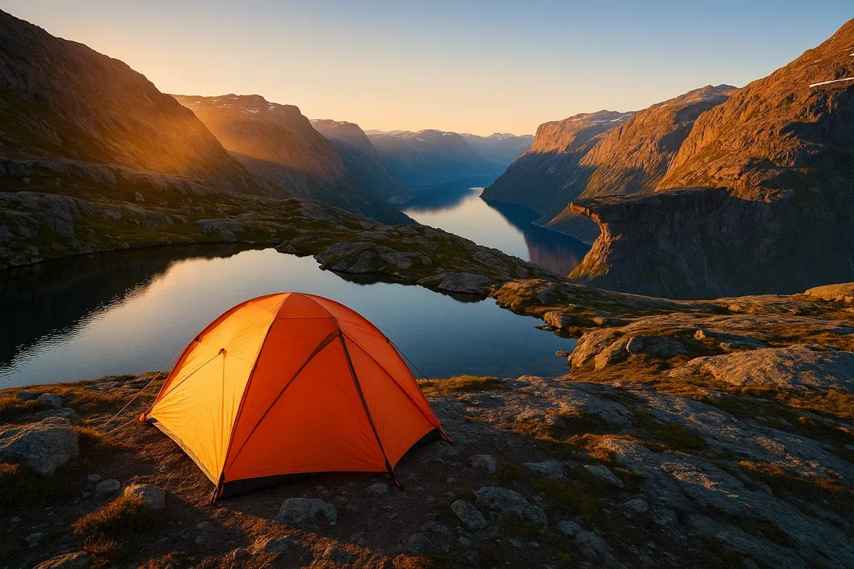 Tent by a mountain lake on the Trolltunga plateau at sunrise with a view of the fjord