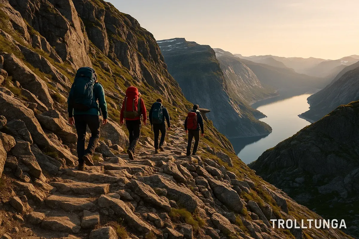 Steep rocky trail to Trolltunga with hikers ascending against the backdrop of Norwegian mountains in the morning light