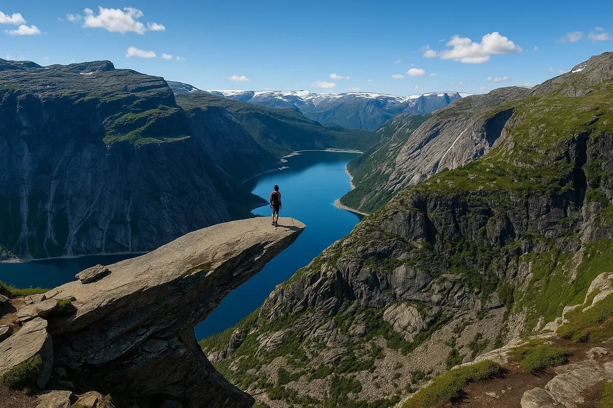 Panoramic view of the Trolltunga cliff in Norway with a tourist standing on the edge above Lake Ringedalsvatnet on a sunny summer day