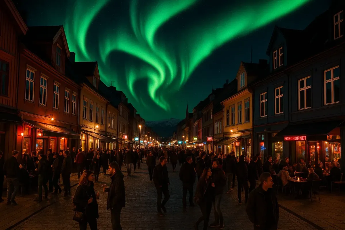 A vibrant evening in Tromsø with people enjoying outdoor seating at a bar while the northern lights dance above