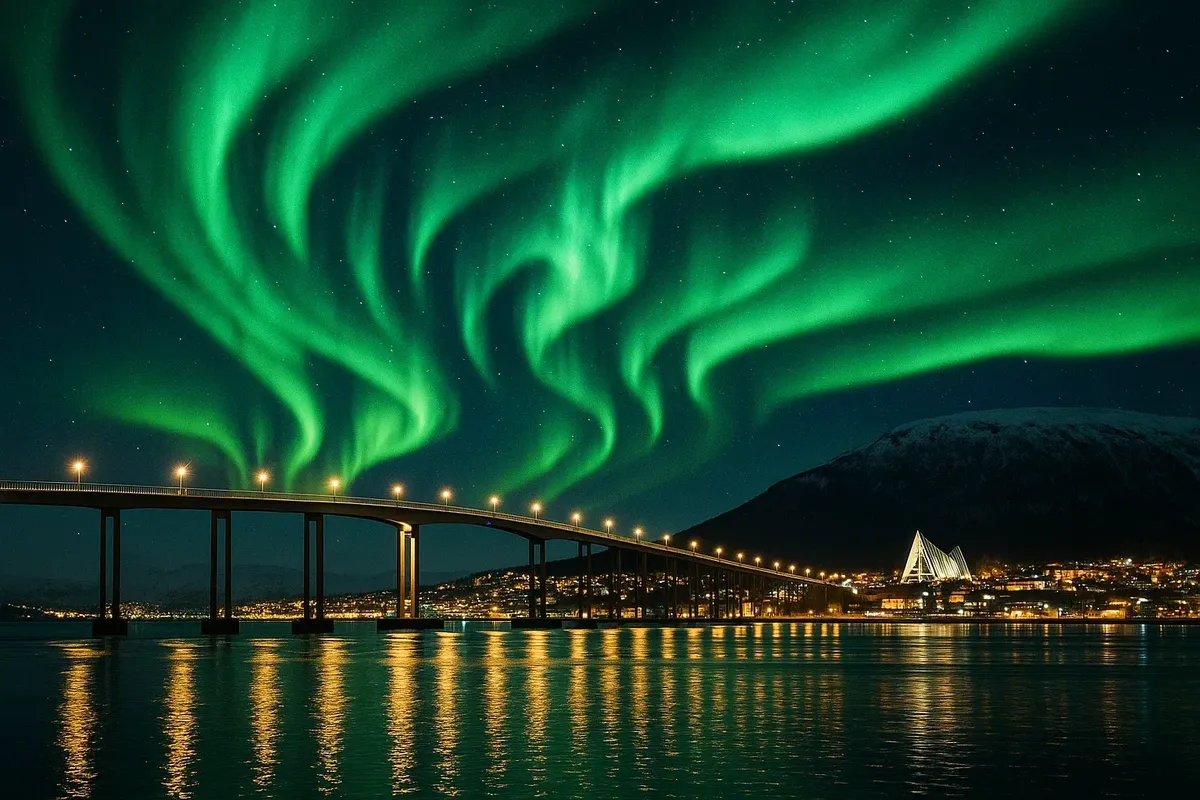 Stunning view of aurora borealis over Tromsø Bridge with city lights reflecting in the water