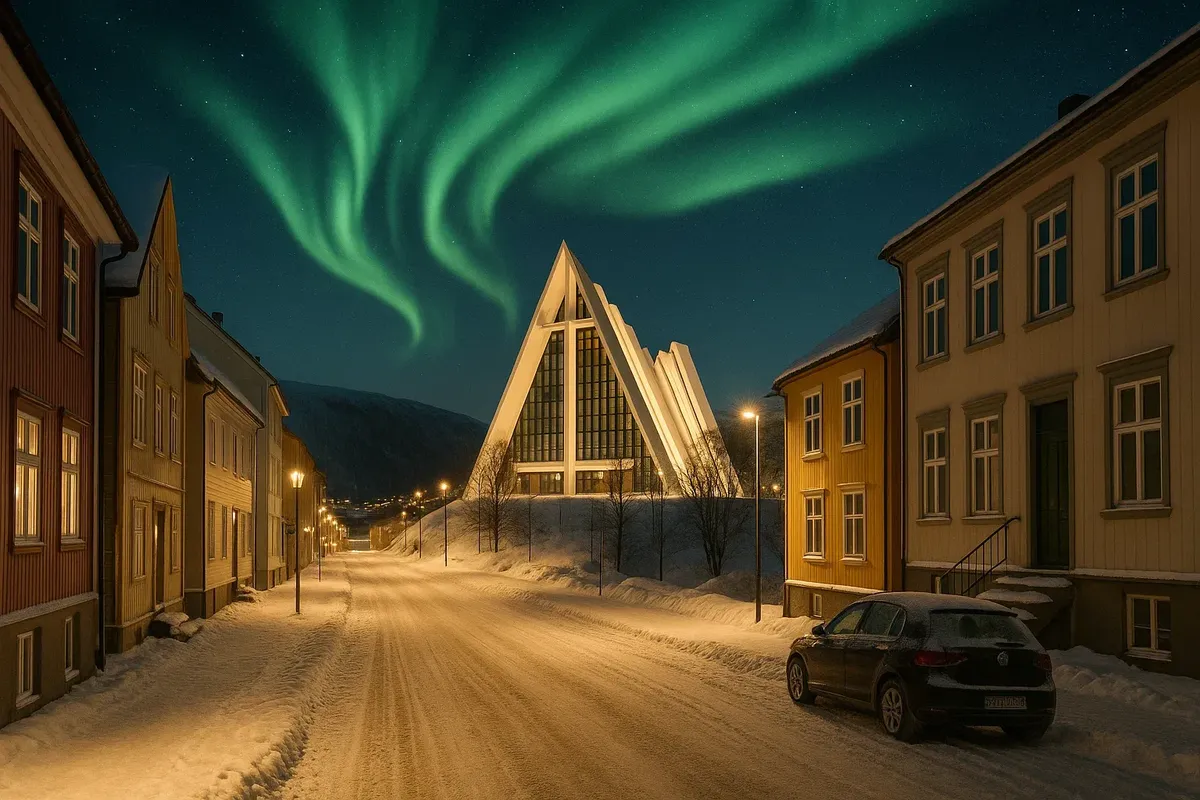 A stunning winter view of Tromsø with the Arctic Cathedral, snow-covered streets, and northern lights glowing above.