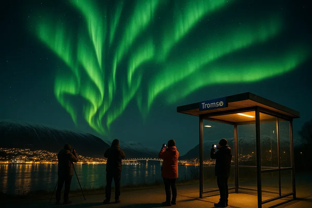 Tourists taking photos of the northern lights near Tromsø, with a tour bus parked nearby under the night sky.