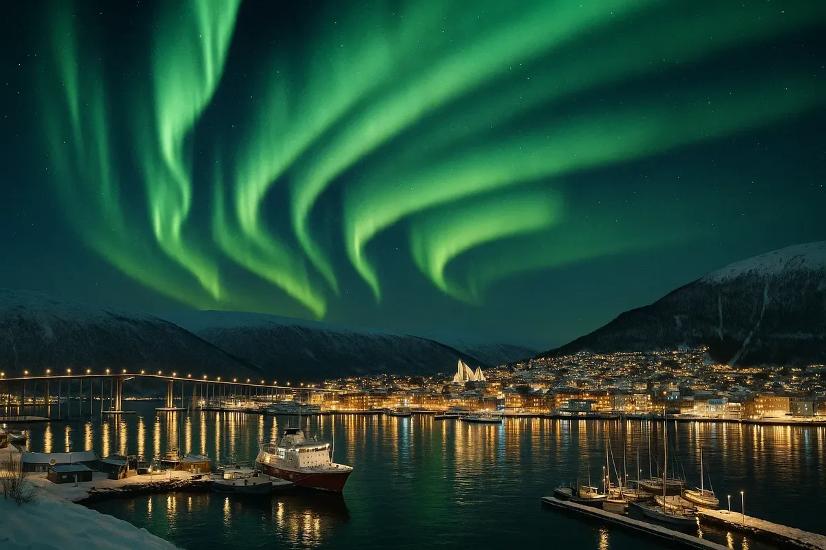 Northern lights illuminating the sky over TromsĂž with the city lights and harbor visible in the foreground.