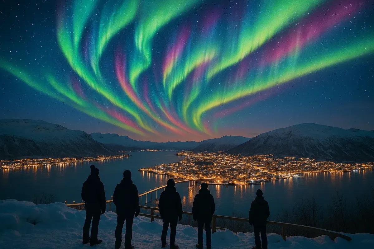 Tourists watching bright northern lights over Tromsø from a snow-covered observation area.