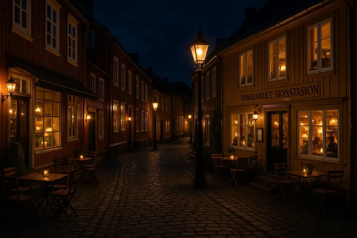 Charming cobblestone streets of Bakklandet in Trondheim lit by lanterns, with small cafes and historic houses