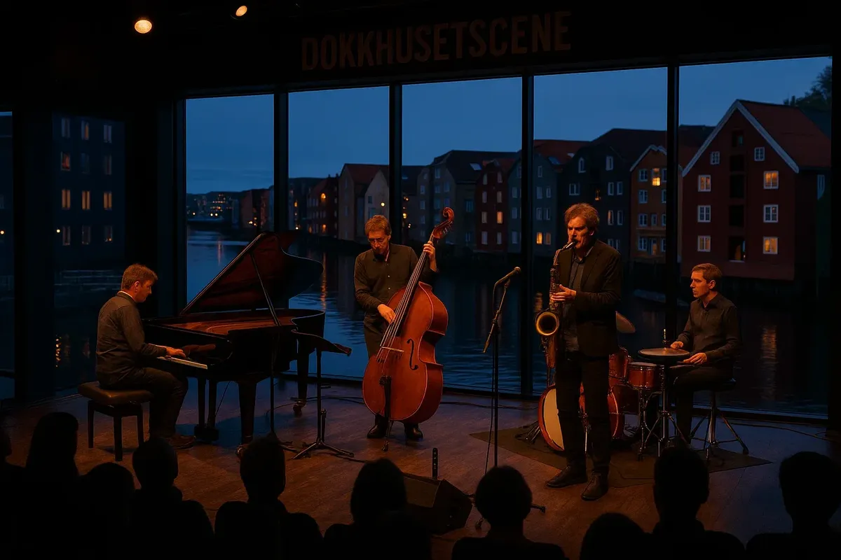 Jazz and classical music night at Dokkhuset Scene in Trondheim, with stage lighting and view of the harbor