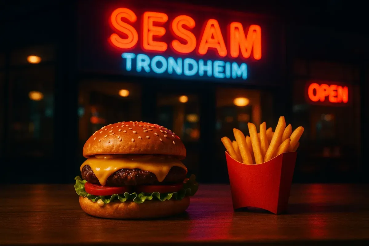 Close-up of a juicy burger and crispy fries served at Sesam in Trondheim, perfect for a late-night meal