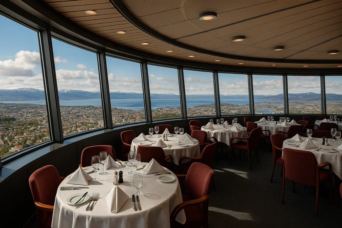 Modern rotating restaurant with floor-to-ceiling windows showing Trondheim city lights at night