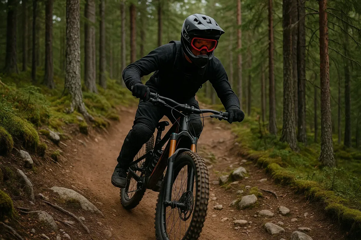 A downhill mountain biker in Trysil, Norway, descending a forest trail with helmet and body armor.