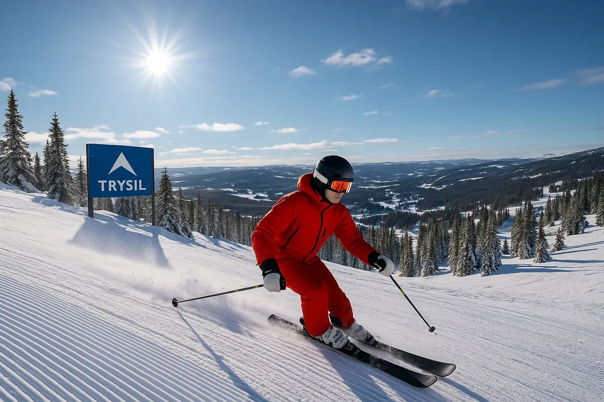 A skier going down a slope in Trysil ski resort on a sunny weekday with minimal crowd.
