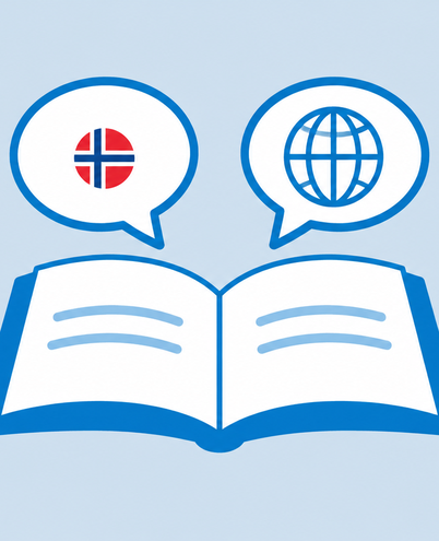 two speech bubbles, one with a tiny Norwegian flag colour dot and one with a globe, over an open phrasebook